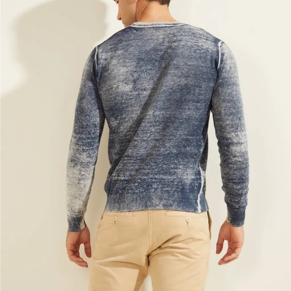 Guess Mason Men’s Long Sleeve Distressed Crewneck Navy Blue Logo Sweater - Picture 3 of 11